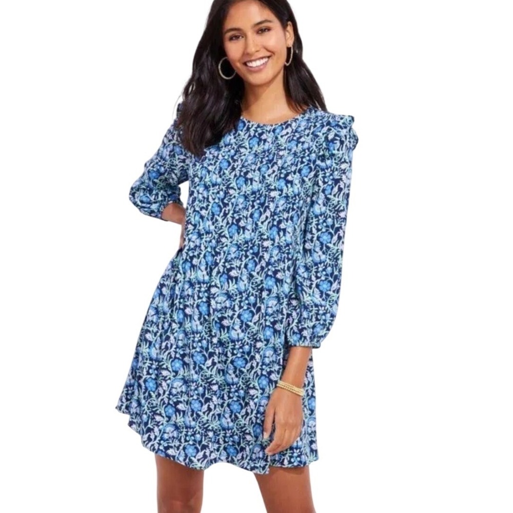 Vineyard Vines Floral Ruffle Sleeve‎ winter garden pintuck silk Dress Blue XS